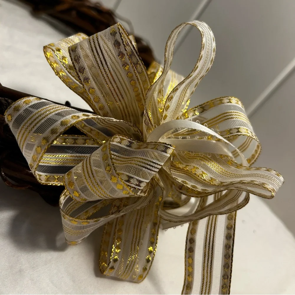 Grapevine Wreath Decorative Brown branch with Gold & White Ribbon